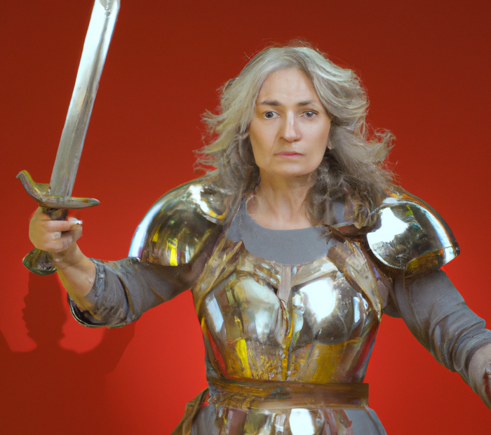DALL·E 2023-02-24 11.41.58 - Older Woman, Valkyrie, Baroque dress, high detailed, velvet red background, 4k, high resolution, sword fight